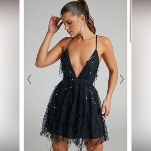 WATCH THE QUEEN CONQUER MINI DRESS - TULLE PLUNGE DRESS IN BLACK SEQUIN